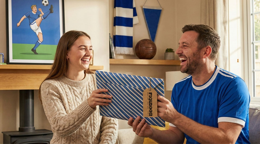 smiling young woman handing a large A4 envelope wrapped in club-coloured paper to a football fan wearing a team shirt.